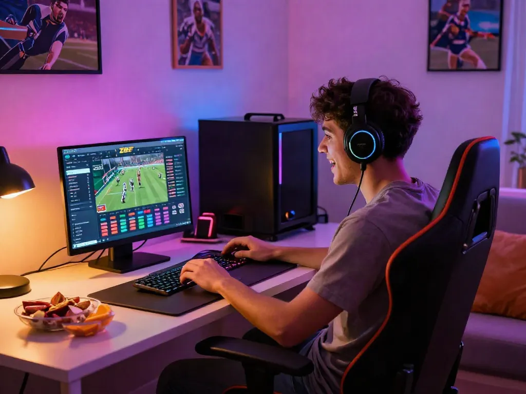 ZBET online gaming experience with a player engaged on a laptop amidst a vibrant home setup.