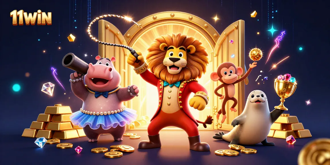 11WIN showcases a vibrant casino scene with circus characters and rich treasures for players.