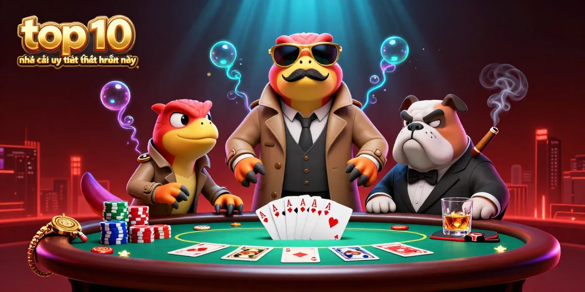 Engaging illustration showcasing top 10 nhà cái uy tín nhất hiện nay with raptors and a bulldog at a casino.