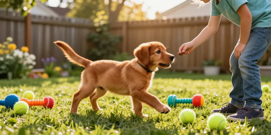 Fox red labrador retriever puppies playing joyfully in a sunny backyard
