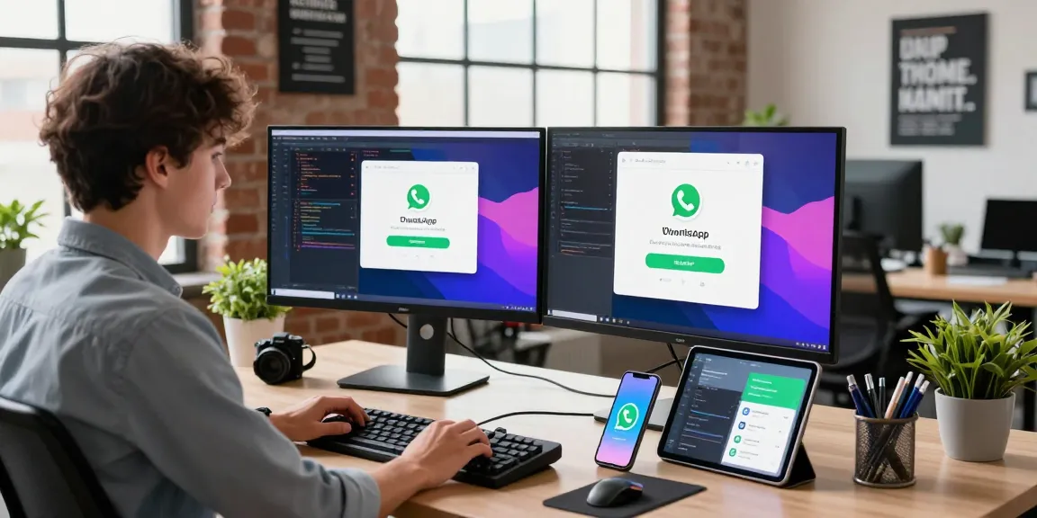 WhatsApp下載 page displayed on a dual monitor in a modern tech office setting.