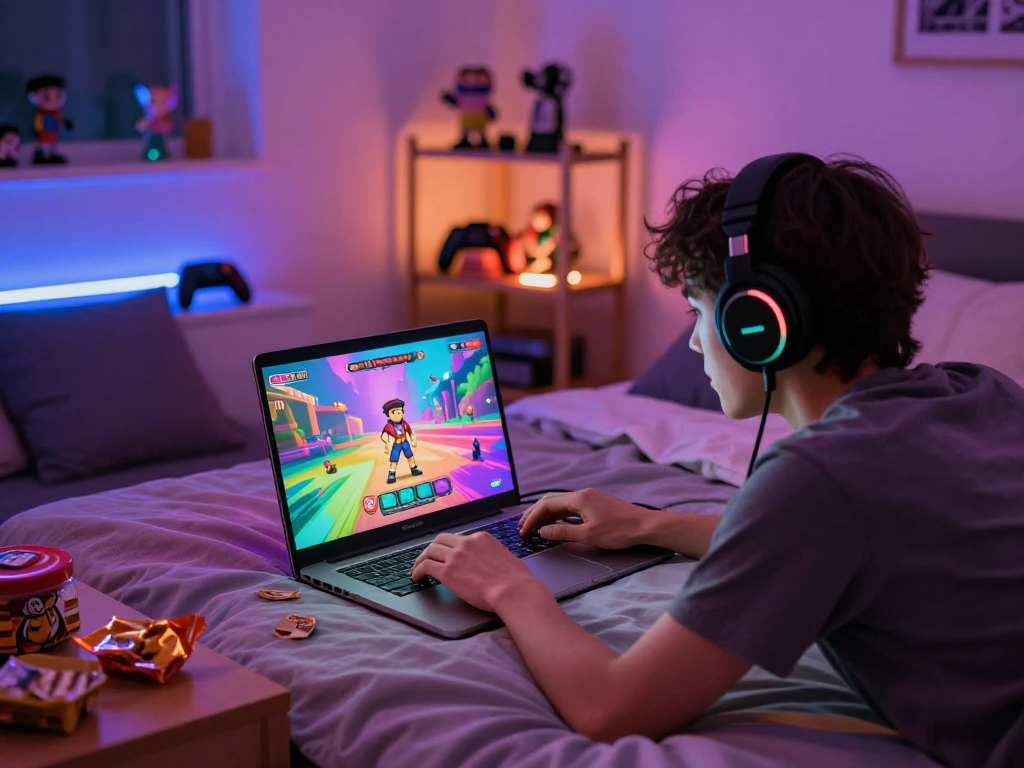 Engaging with sex games on laptop in cozy gaming environment.