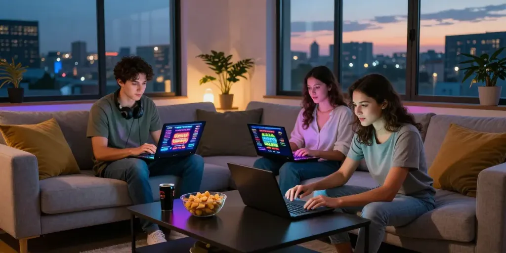 Couple enjoying non Gamstop sites gaming on laptops in a cozy living room