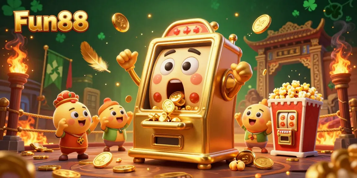 Fun88 slot machine hits jackpot, showering coins while smaller machines cheer in a colorful casino scene.