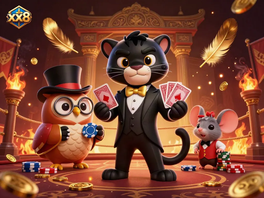 Experience the excitement of xx8 with characters dealing cards in an enchanting casino atmosphere.