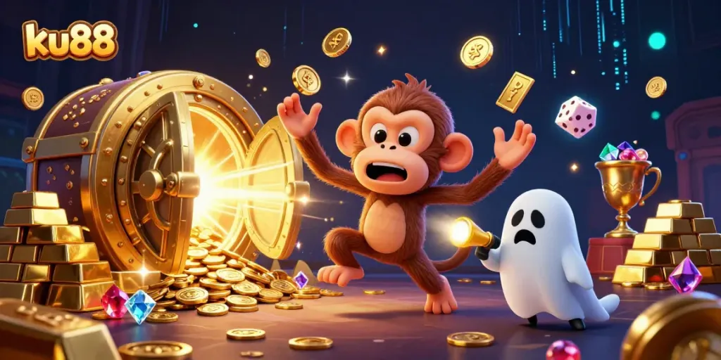 Experience ku88's magical casino atmosphere with a whimsical poltergeist monkey and curious puppy.