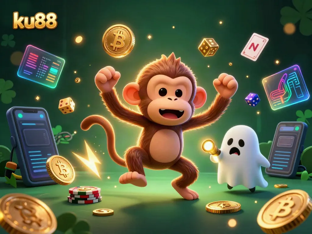 Experience thrilling gaming at ku88 with a poltergeist monkey juggling golden objects in a haunted casino.