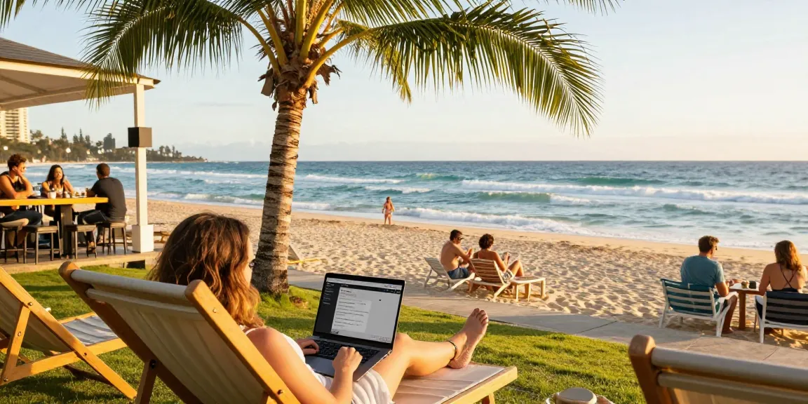 Effortless Airbnb co-host services Gold Coast at a scenic beachfront, featuring a person managing bookings in a relaxed setting.