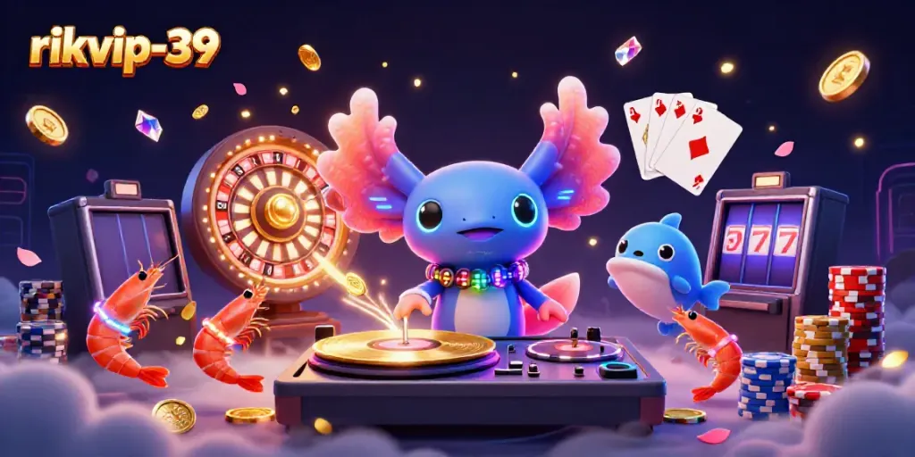 Experience the excitement of rikvip-39 with a vibrant casino scene featuring neon characters and glowing game elements.