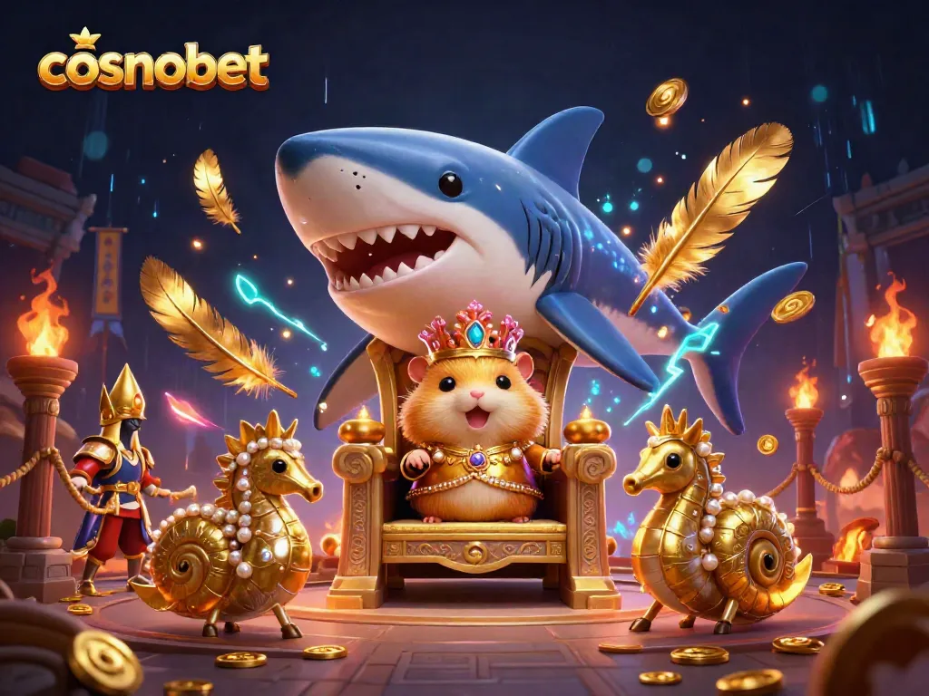 Experience the excitement of cosmobet with a golden hamster king and gaming elements in a vibrant scene.
