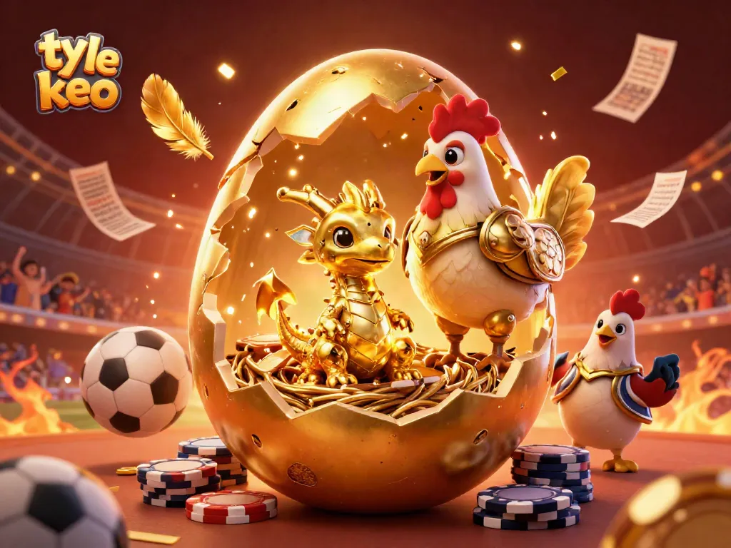 Engage with ty le keo sports betting excitement, featuring a golden dragon amidst poker chips and floating sports elements.