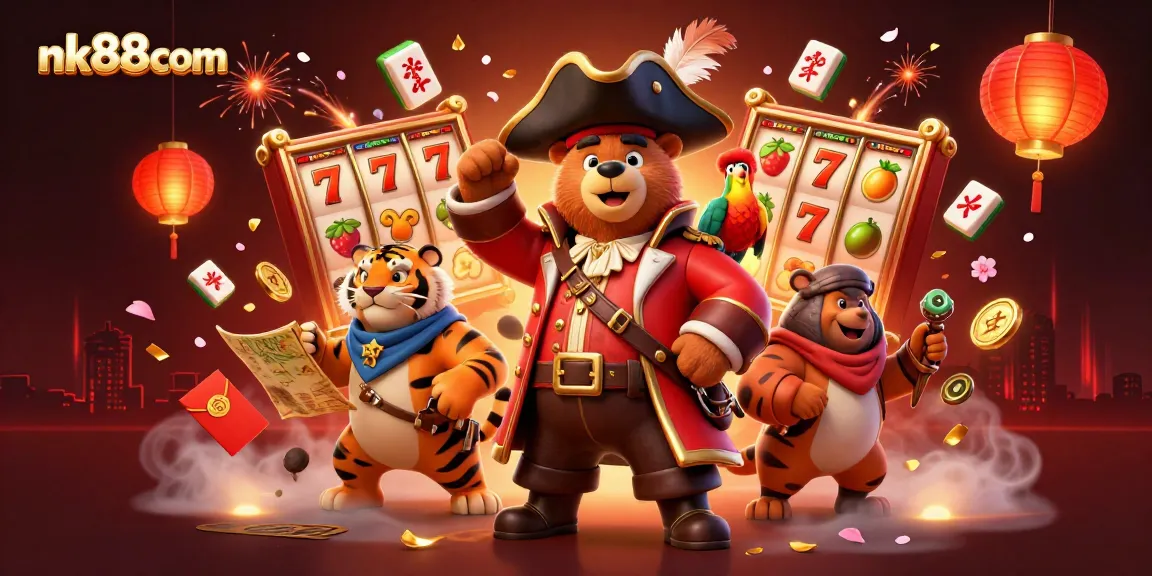 Join the excitement at nk88com with this vibrant casino-themed illustration featuring lucky symbols and 3D characters.
