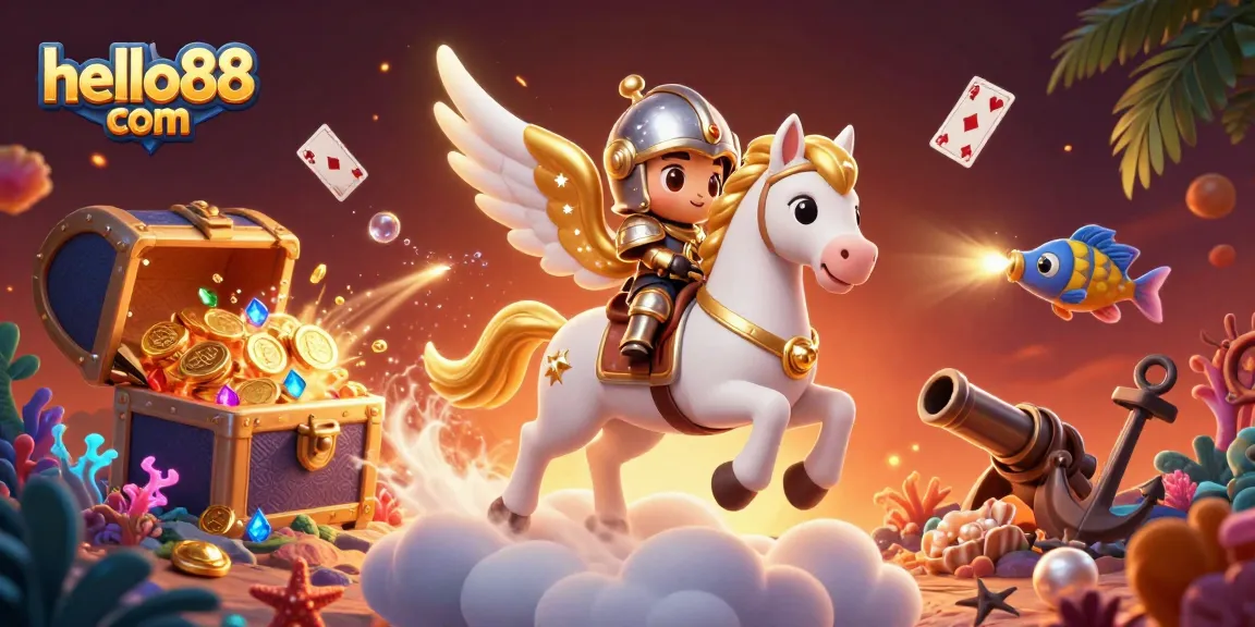 Experience thrilling gameplay at hello88 com with a celestial horse and knight in action amidst dazzling gaming elements.