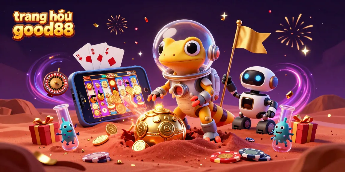 Experience excitement at trang chủ good88 with an animated Martian gecko discovering a vibrant casino scene.