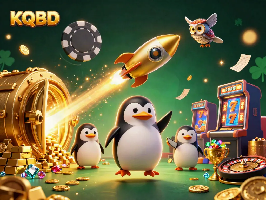 Witness the thrilling KQBD experience featuring a golden penguin soaring through vibrant casino elements.