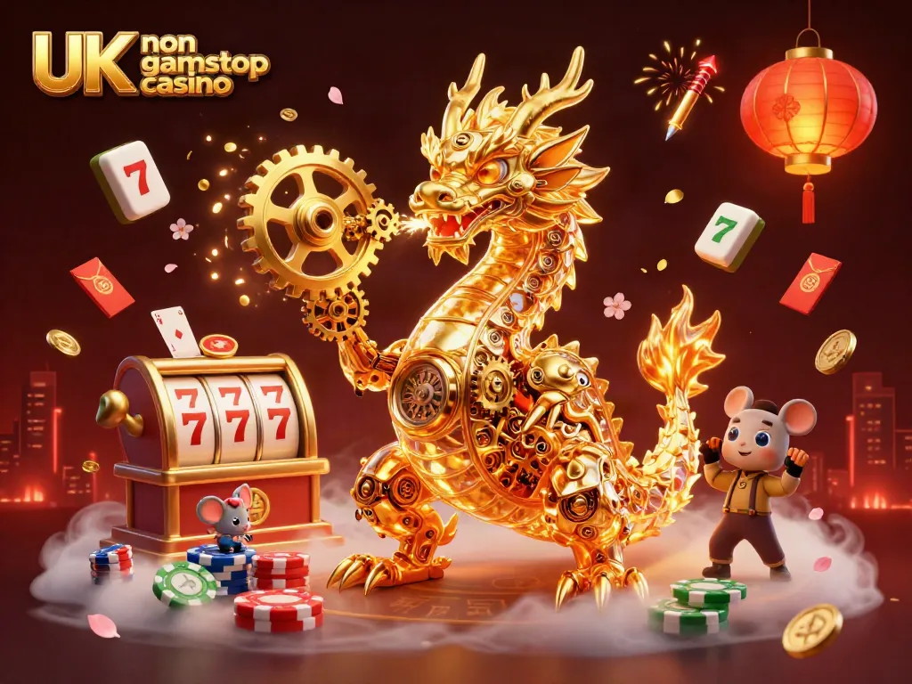 Experience the thrill of the UK non gamstop casino with a dynamic 3D illustration of a golden dragon and casino elements.