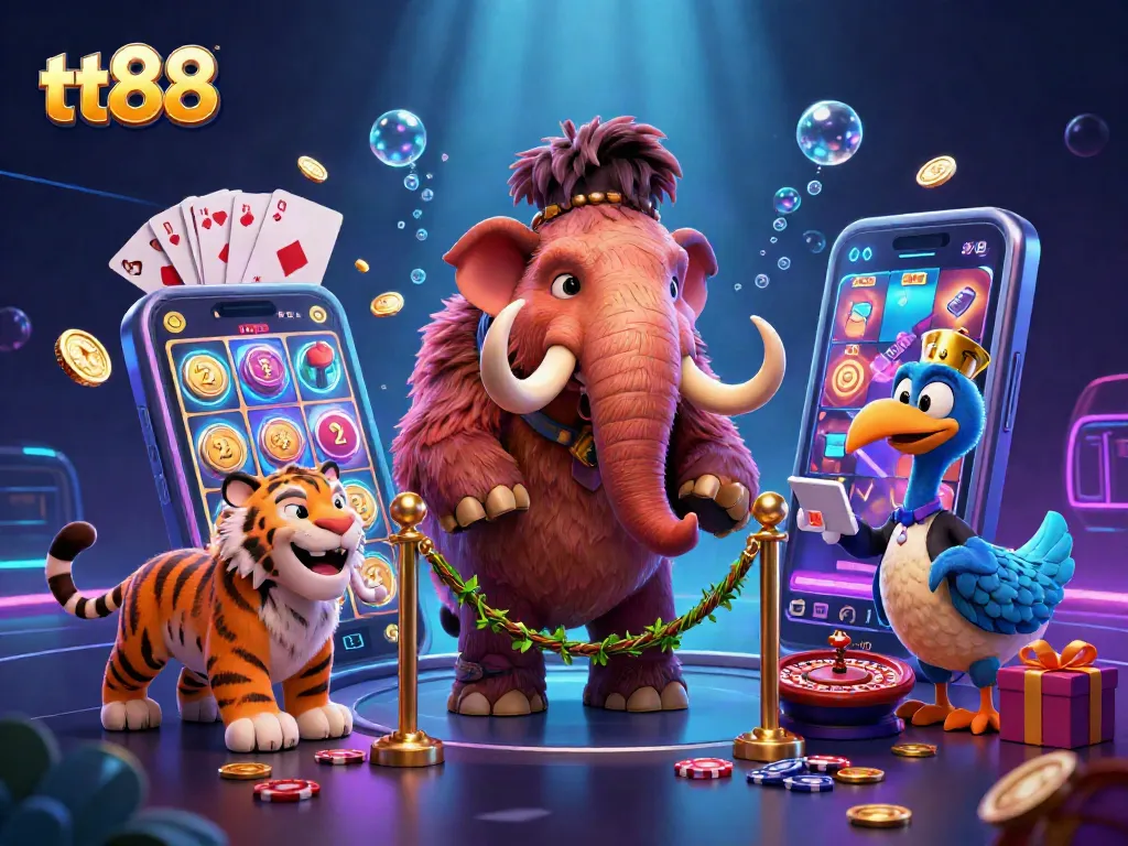 Experience the vibrant excitement of tt88 as a woolly mammoth bouncer checks a saber-tooth tiger VIP, surrounded by colorful casino elements.