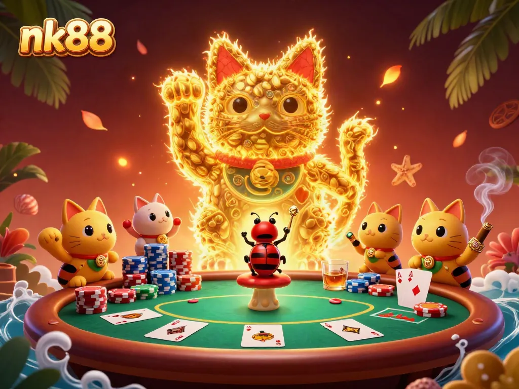 Engage in nk88 casino excitement with golden fireflies forming a lucky cat amidst vibrant gaming symbols.