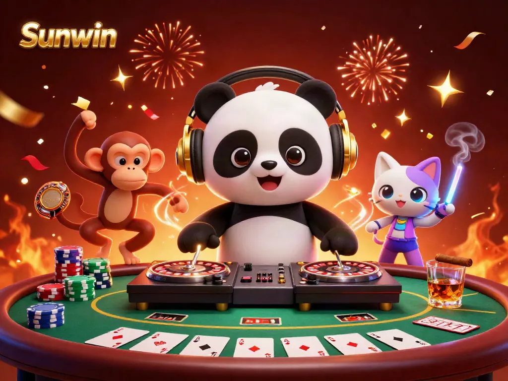 Sunwin casino scene showcasing a DJ panda, breakdancing monkey, and glowing kitten in a lively gambling atmosphere.