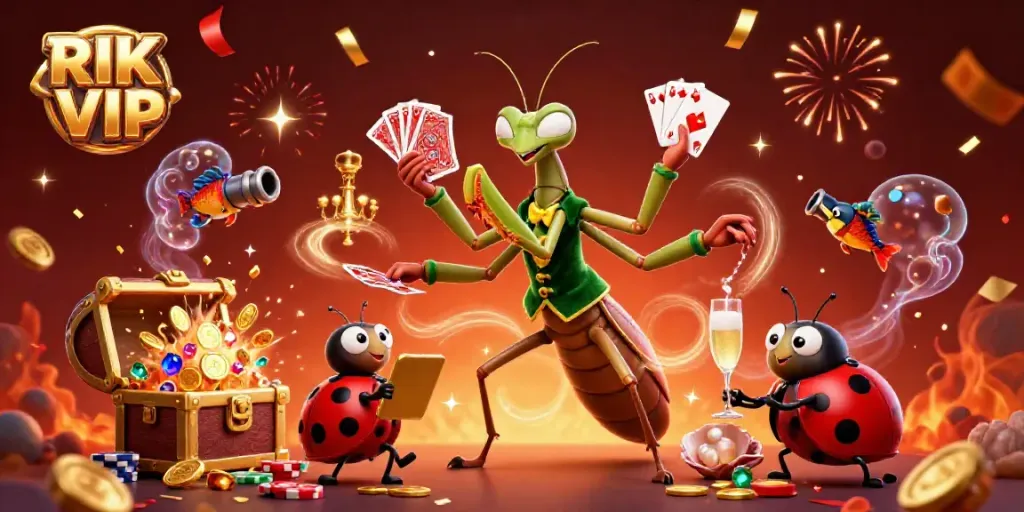 Experience the thrill of RIK VIP with vibrant scenes of gaming excitement and celebratory elements.