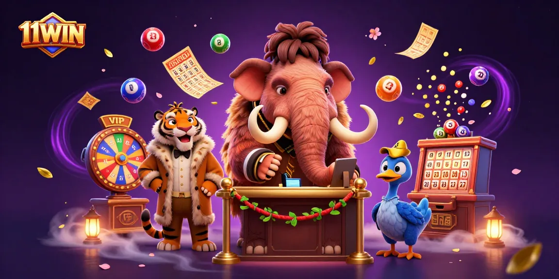 Experience the excitement of 11WIN with our colorful casino illustration featuring unique characters and vibrant game elements.