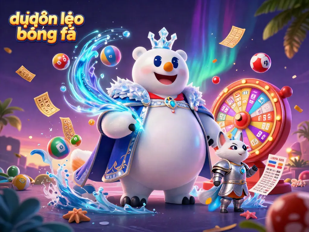 Dự đoán kèo bóng đá scene with a polar bear king and fox surrounded by colorful sports betting elements