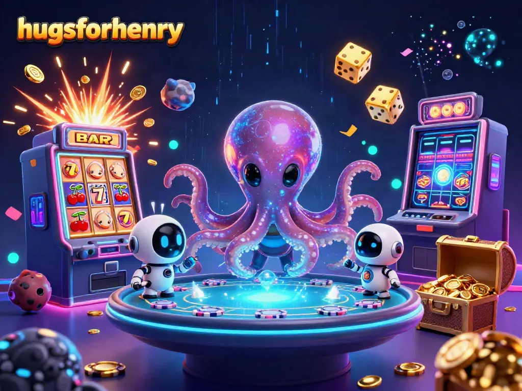 Spin the reels with hugsforhenry as the alien octopus and robot play thrilling casino games.