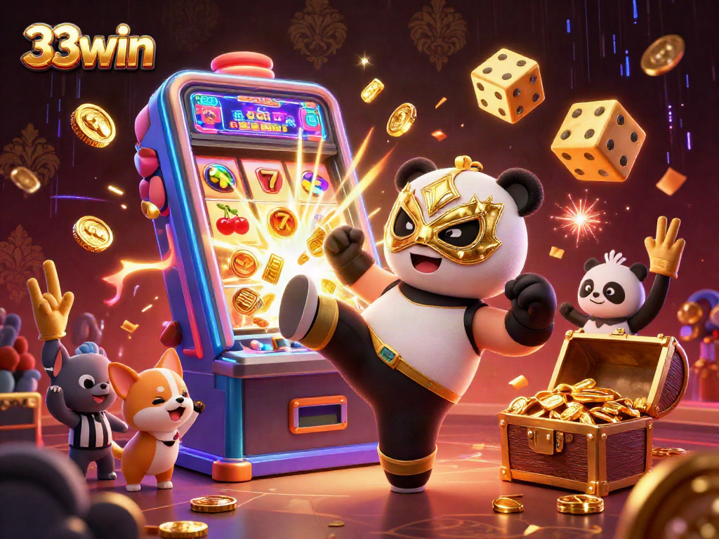 33win engages players with a thrilling 3D casino scene featuring a panda in a flying kick.