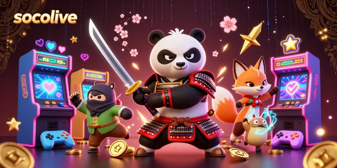 Socolive enhances gaming excitement with a colorful scene of a cartoon samurai panda and ninja fox in a vibrant casino setting.