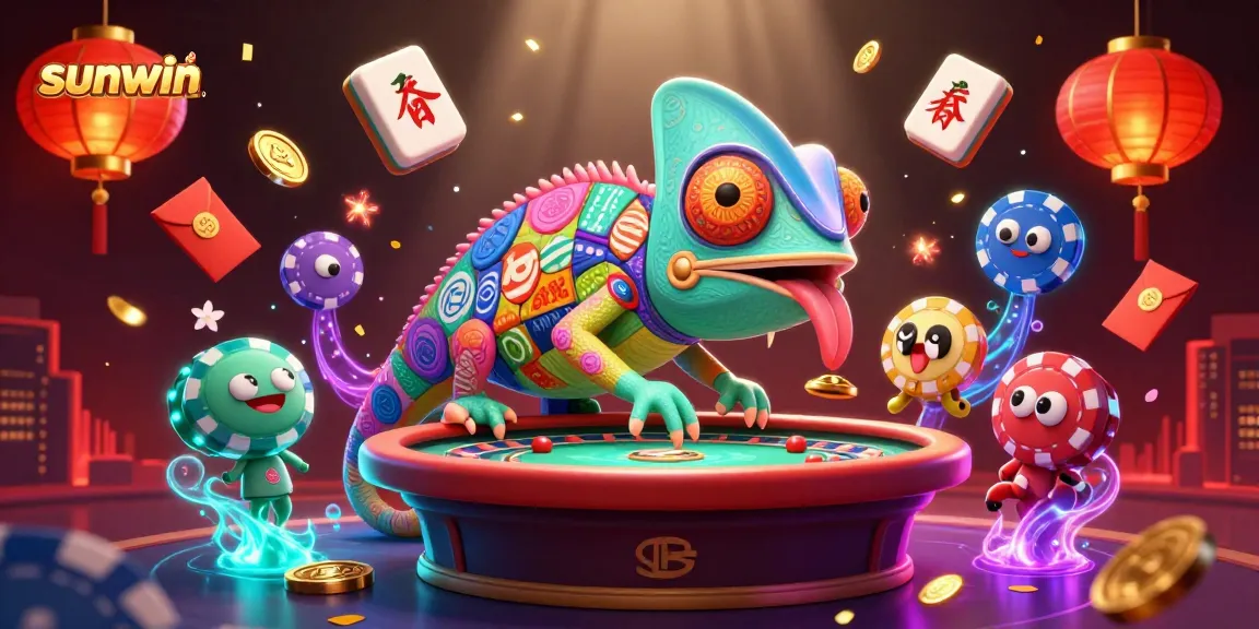 Experience the vibrant energy of sunwin with dynamic gaming elements and a colorful chameleon owner.