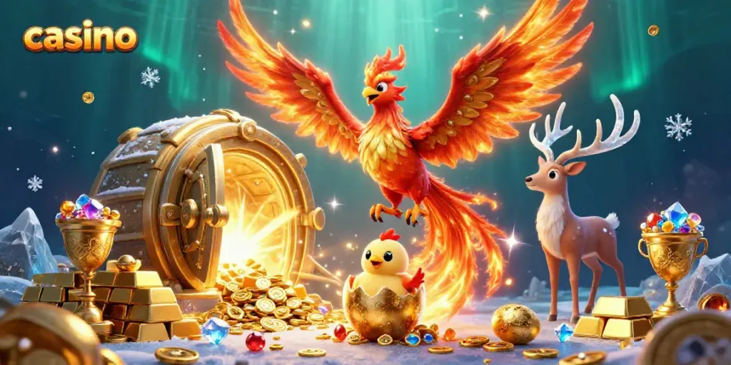 Experience the vibrant casino world with dazzling treasures, phoenixes, and gaming elements.