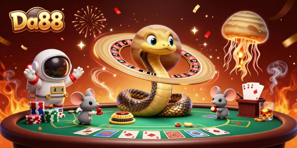 Winning at Da88 with a colorful cosmic casino scene featuring playful themes and excitement.
