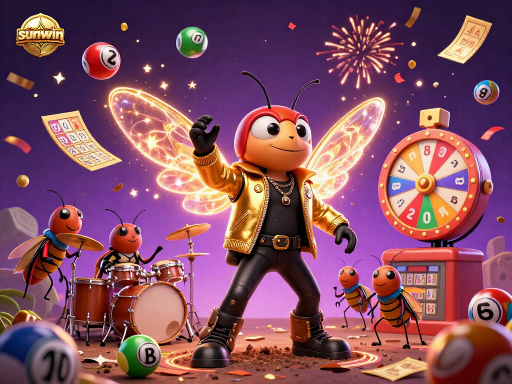 Engage with sunwin's dynamic lottery celebration featuring a 3D cicada rock star, spinning prize wheel, and colorful balls.