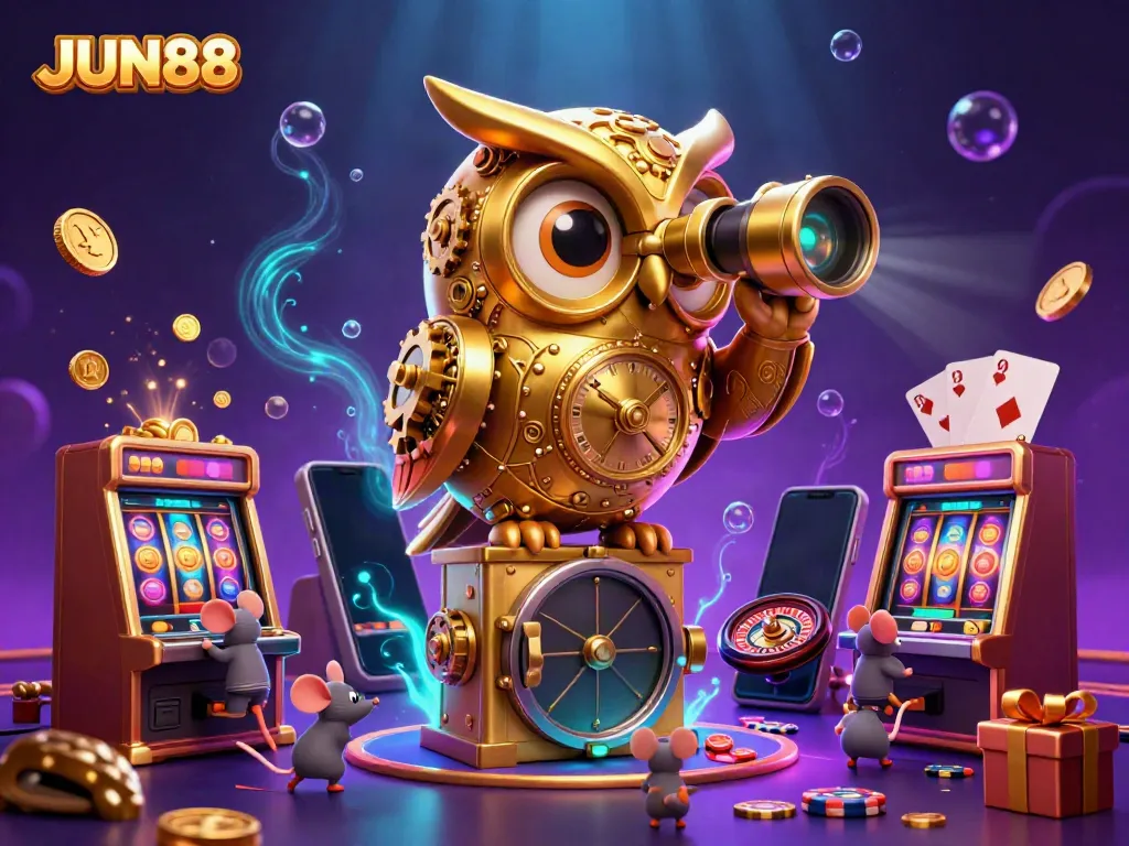Engage in thrilling games at JUN88 casino with dynamic slot machines, golden coins, and a fantastical clockwork owl.