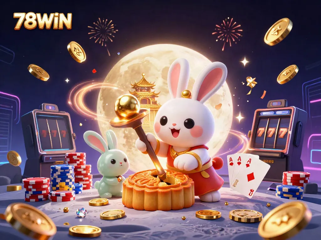 Experience the excitement of 78WIN with a cartoon moon rabbit and jade companion celebrating wins under a vibrant casino atmosphere.