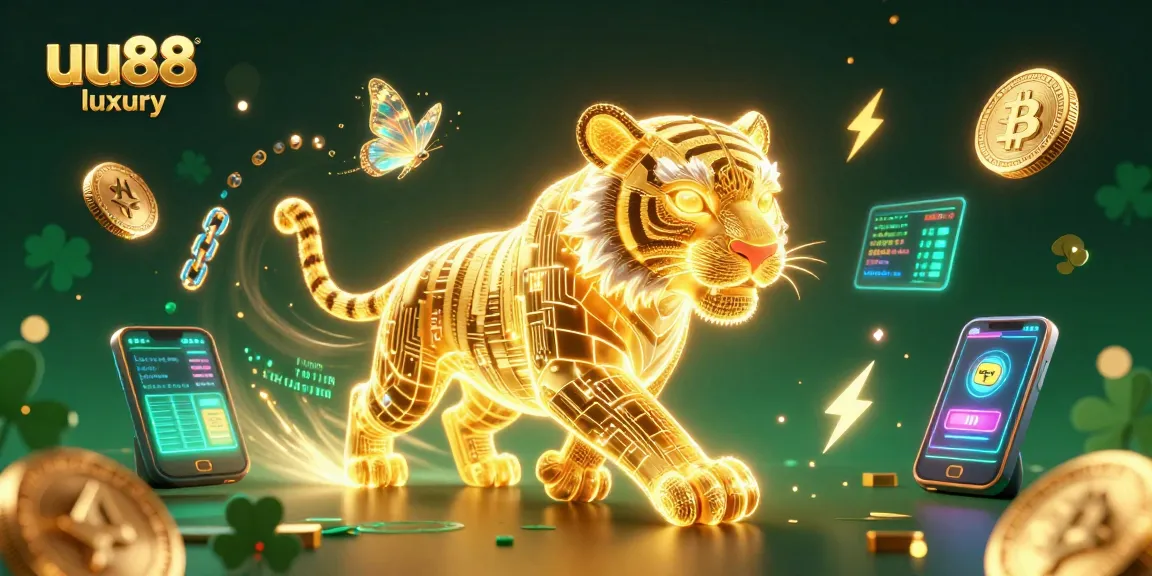 Engage with uu88 luxury's vibrant casino experience, featuring a 3D cartoon golden tiger amidst neon crypto elements in a digital landscape.