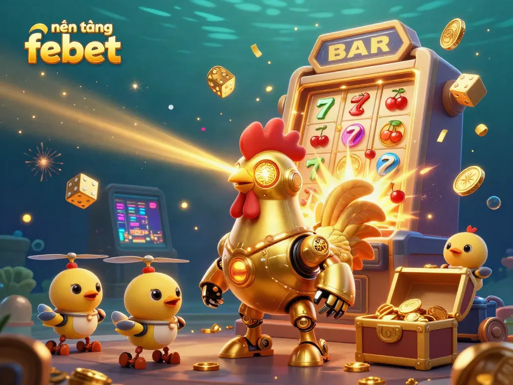 Experience the игровой процесс on nền tảng febet with dynamic scenes of slot machines and playful characters.