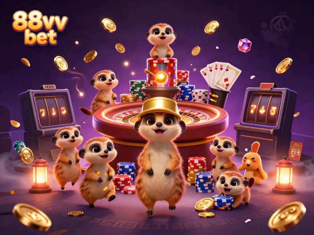 Experience winning with 88vv bet through a dynamic casino scene featuring playful meerkats.