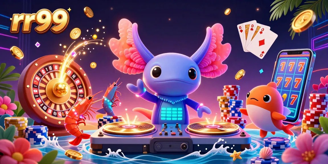 Engage in rr99 gaming fun with a vibrant underwater DJ party featuring neon creatures and casino elements.