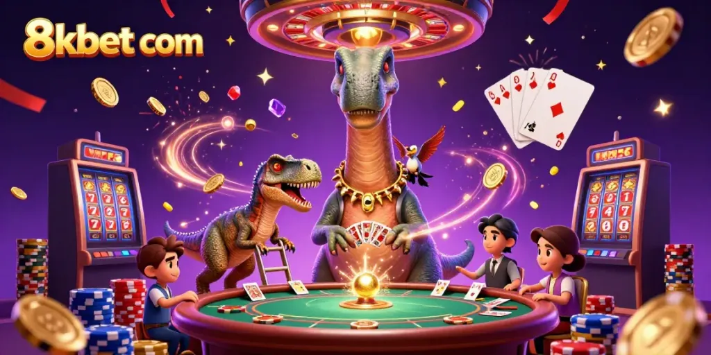 Experience the thrilling world of 8xbet com as an extraordinary brontosaurus oversees a lively poker game.