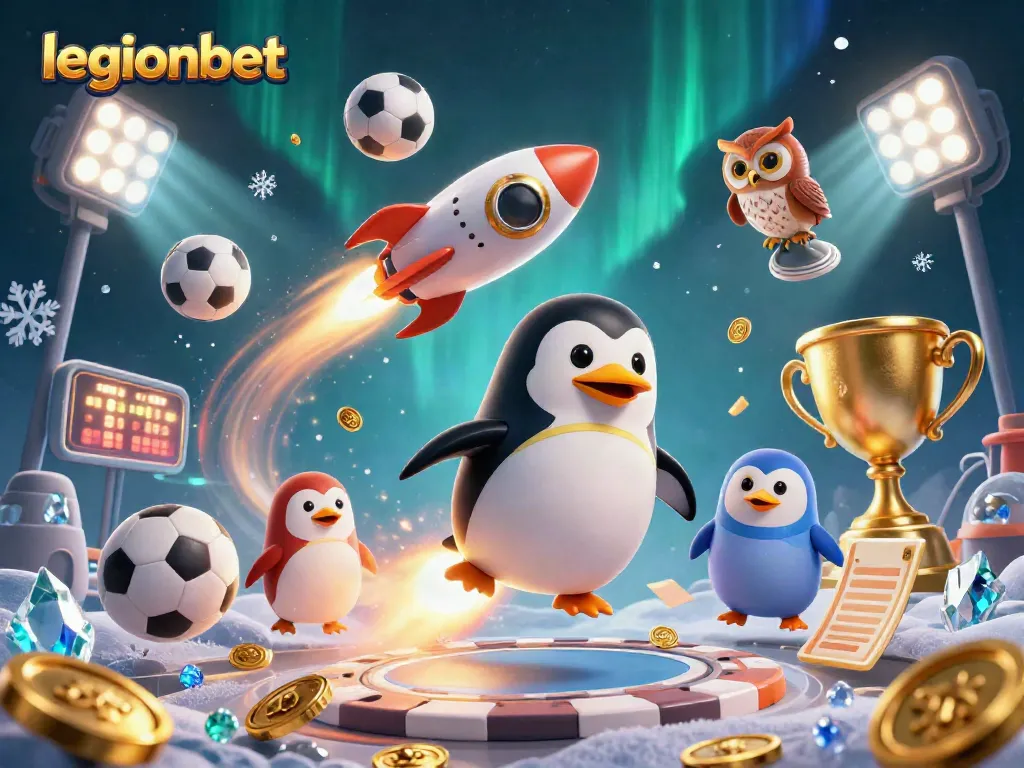 Experience thrilling gameplay in legionbet with a golden penguin racing towards a casino space station.