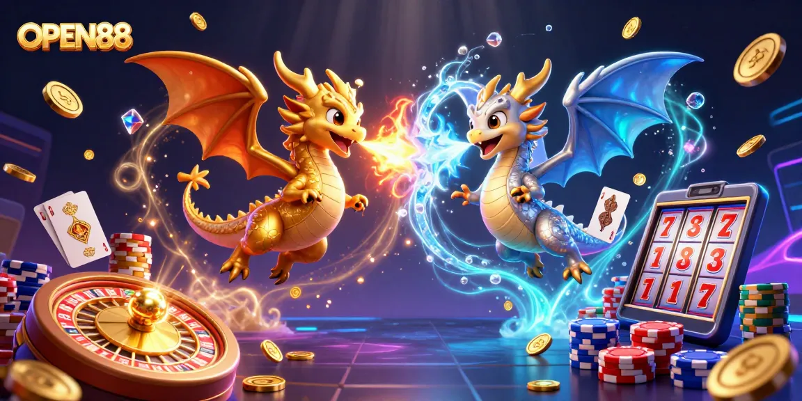 Experience thrilling gaming action at OPEN88 with lively dragons and vibrant casino elements.