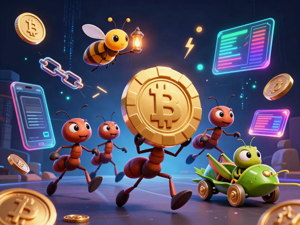 Engaging scene showing ty le keo with ants carrying a poker chip and crypto coins in a dynamic heist.