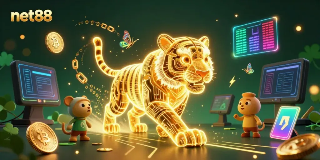 Experience the excitement of net88 with a golden tiger and holographic butterflies in a vibrant casino scene.