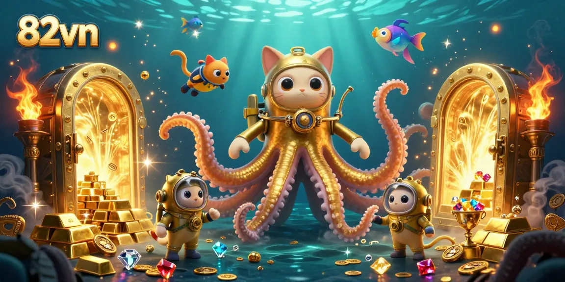 Win massive prizes at 82vn with thrilling underwater adventures featuring a kraken and diving cat.