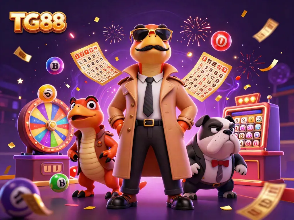 Engage in exciting experiences at TG88 with vibrant casino-themed 3D artwork showcasing dynamic elements.