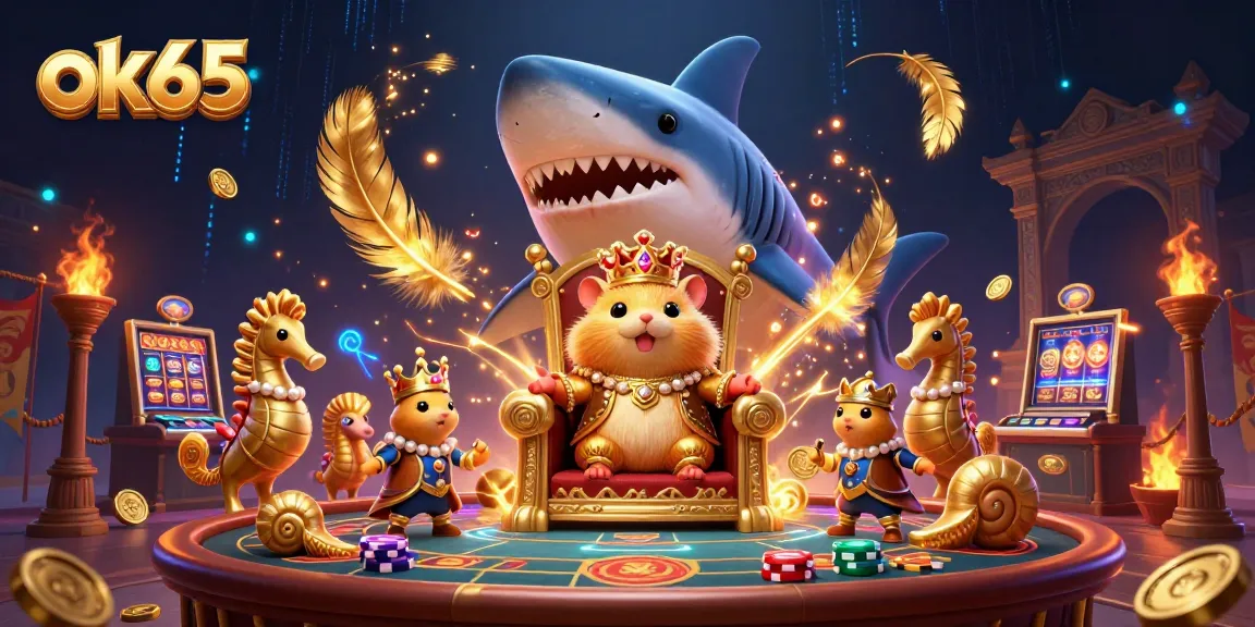 Engage with the exciting world of gambling at ok65 featuring a golden hamster king in a vibrant casino scene.