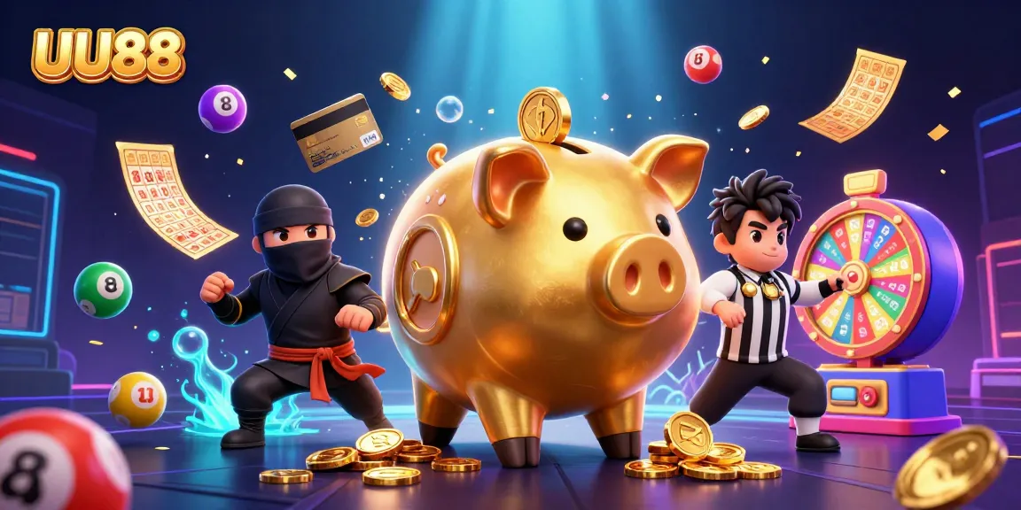 UU88 depicts a lively scene with a golden piggy bank sumo wrestler shaking coins while vibrant lottery elements surround the action.