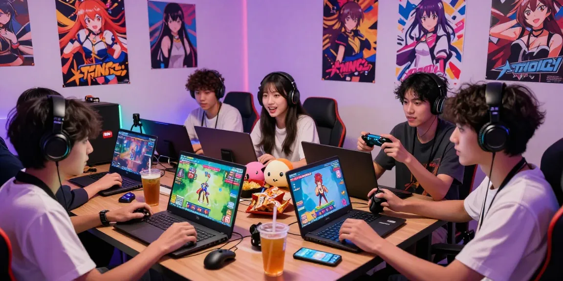 Group of friends playing a hentai game in a vibrant gaming lounge with colorful decor and interactive devices.