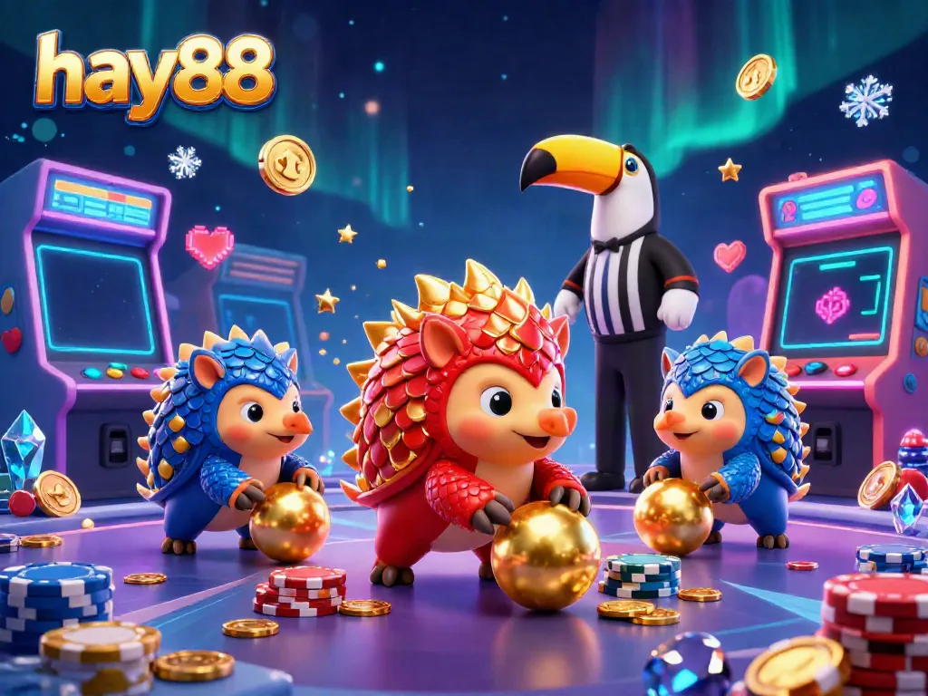 Experience the dynamic fun of hay88 with arcade pangolins battling through casino chips and colorful gaming elements.